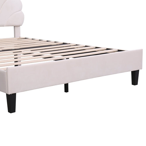 Upholstered Platform Bed with Flower Pattern Velvet Headboard