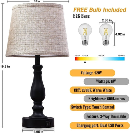 Bedside Table Lamps Set Of 2 With USB Ports And Dimmable