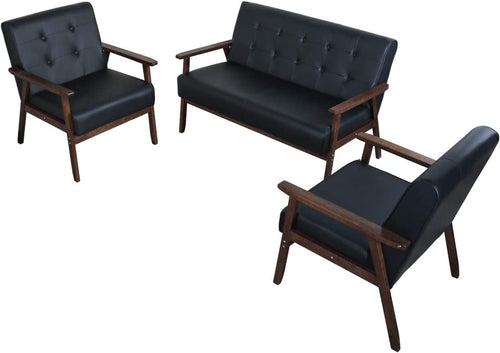Mid Century 3 Piece Sofa And Chair Set With Black Wood Arms