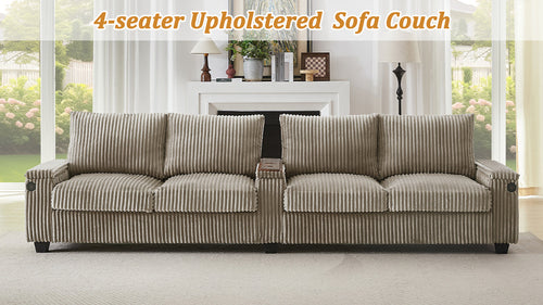 Modern 4-Seater Corduroy Sofa Couch with USB Ports, Hidden Storage and