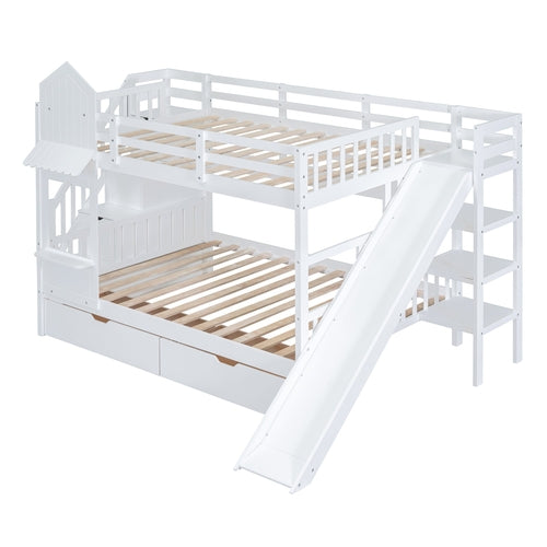 Full-Over-Full Castle Style Bunk Bed with 2 Drawers, 3 Shelves and