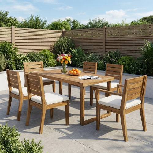 Outdoor Acacia Wood 7 Piece Dining Set with Cushions, Sandblasted