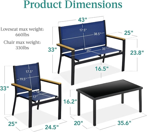 4 Piece Outdoor Textilene Patio Conversation Set Loveseat And Table