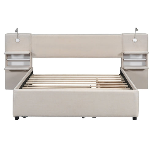 Queen Size Upholstered Platform Bed with Reading Lights, Drawers,
