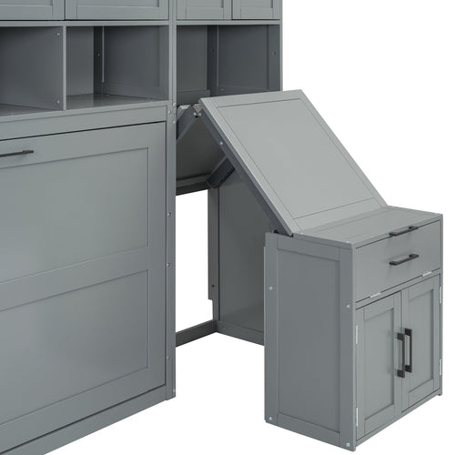 Twin Size Murphy Bed Wall Bed with Closet , Drawers & Desk-Gray