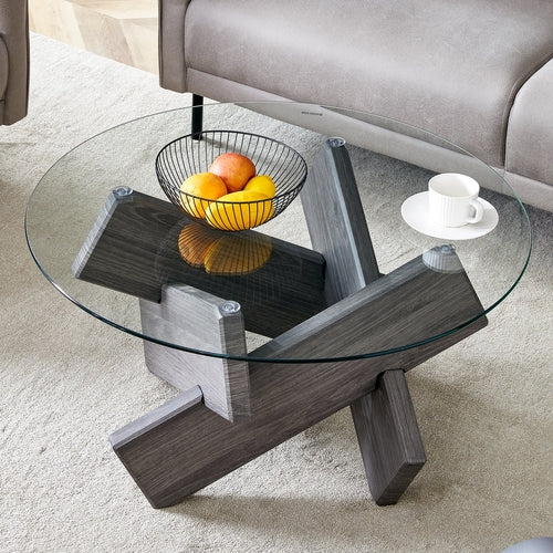 Modern Round Glass Coffee Table – 33.4" Tempered Glass Top with MDF