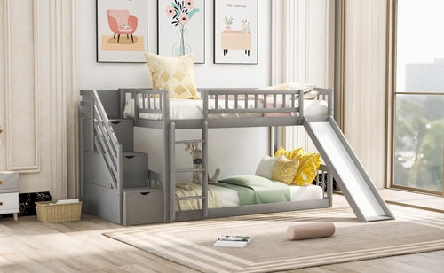 Stairway Twin over Twin Bunk Bed with Two Drawers and Slide, Gray