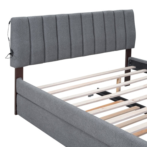 Teddy Fleece Queen Size Upholstered Platform Bed with Twin XL Trundle