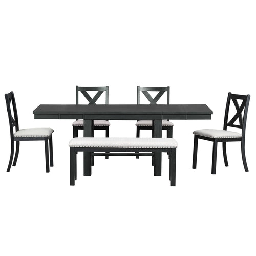 Farmhouse 82inch 6-Piece Extendable Dining Table with Footrest, 4