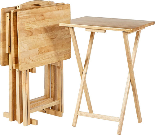 TV Dinner Tray Table Set of 4 With Storage Rack Natural
