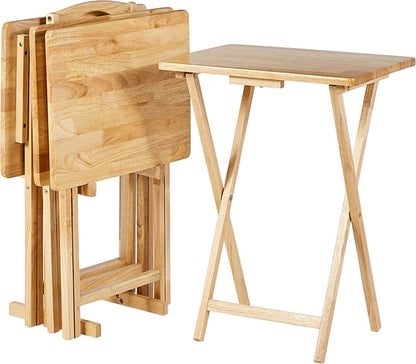 TV Dinner Tray Table Set of 4 With Storage Rack Natural