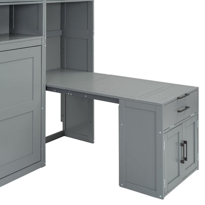 Twin Size Murphy Bed Wall Bed with Closet , Drawers & Desk-Gray
