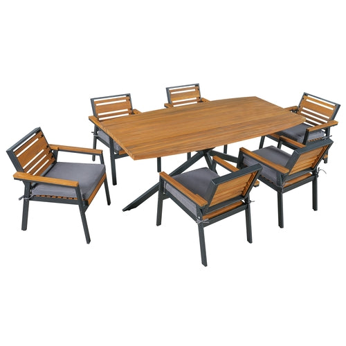 Modern 7-Piece Dining Set, Acacia Wood with Iron Frame, 6 Chairs with