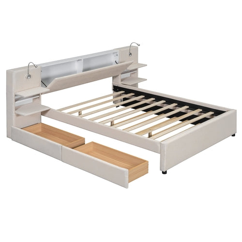 Queen Size Upholstered Platform Bed with Reading Lights, Drawers,