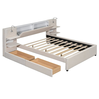 Queen Size Upholstered Platform Bed with Reading Lights, Drawers,