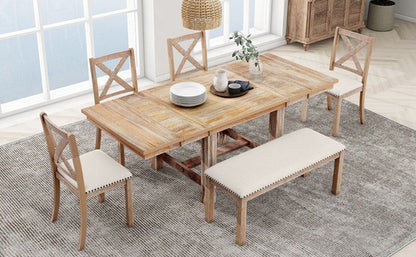Farmhouse 82inch 6-Piece Extendable Dining Table with Footrest, 4