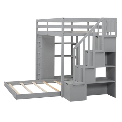 Twin Over Full Bunk Bed with 3-layer Shelves, Drawers and Storage