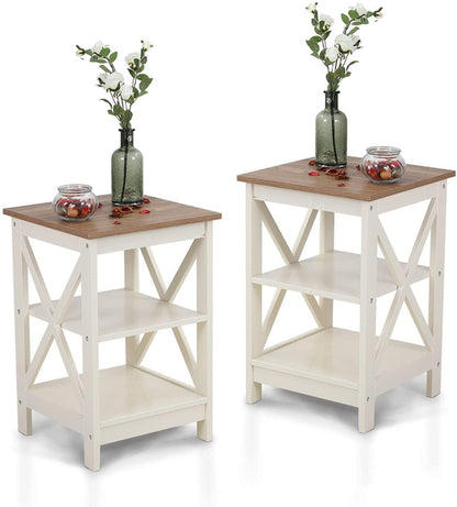 Rustic Ivory End Table Set Of 2 With Shelves 23.6 Inch