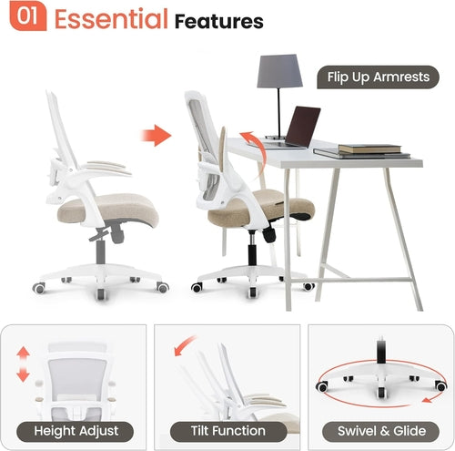 Beige High Back Mesh Office Chair With Adjustable Height And Ergonomic