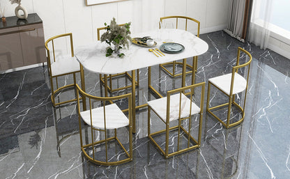 Modern 7-Piece Dining Table Set with Faux Marble Compact 55Inch
