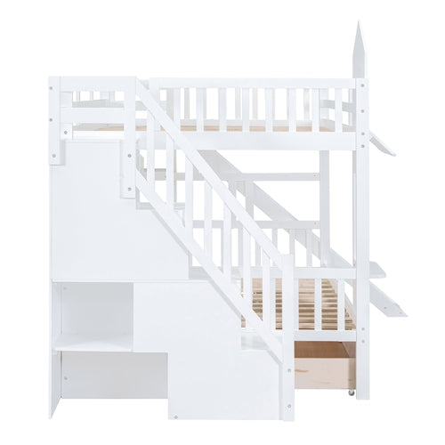 Full-Over-Full Castle Style Bunk Bed with 2 Drawers, 3 Shelves and