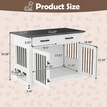 44.48" Wooden Dog Crate Furniture with Storage Drawers and Rotating