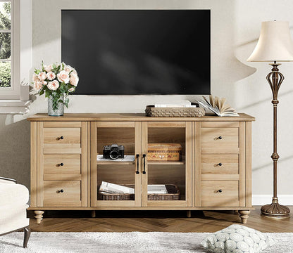 Oak Glass Door Farmhouse TV Stand For 75 Inch TVs Console