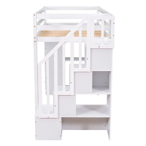 Twin size Loft Bed with Storage Drawers and Stairs, Wooden Loft Bed