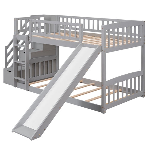 Stairway Twin over Twin Bunk Bed with Two Drawers and Slide, Gray