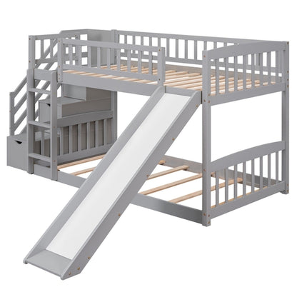 Stairway Twin over Twin Bunk Bed with Two Drawers and Slide, Gray