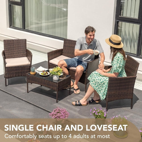 4 Piece PE Rattan Patio Furniture Set With Beige Cushions