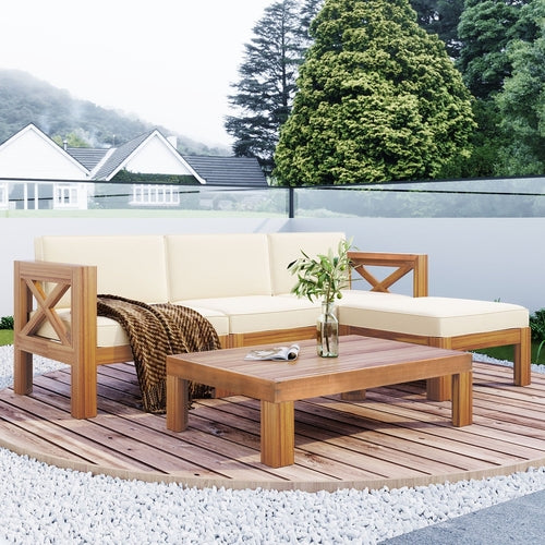 Outdoor Backyard Patio Wood 5-Piece Sectional Sofa Seating Group Set