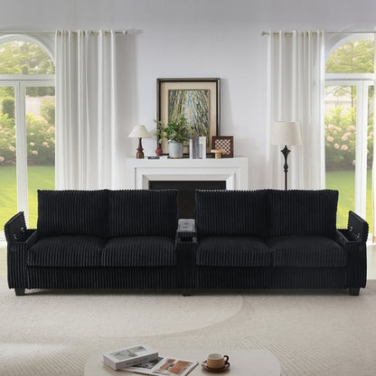 Modern 4-Seater Corduroy Sofa Couch with USB Ports, Hidden Storage and