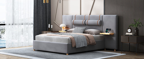 Upholstered Platform Bed with Outlets, USB Ports, Pillows and Storage