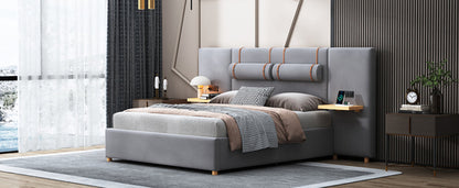 Upholstered Platform Bed with Outlets, USB Ports, Pillows and Storage