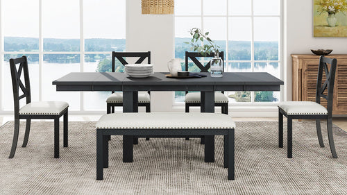 Farmhouse 82inch 6-Piece Extendable Dining Table with Footrest, 4
