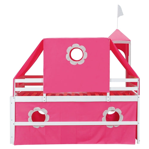 Twin Size Loft Bed with Slide Pink Tent and Tower - Pink