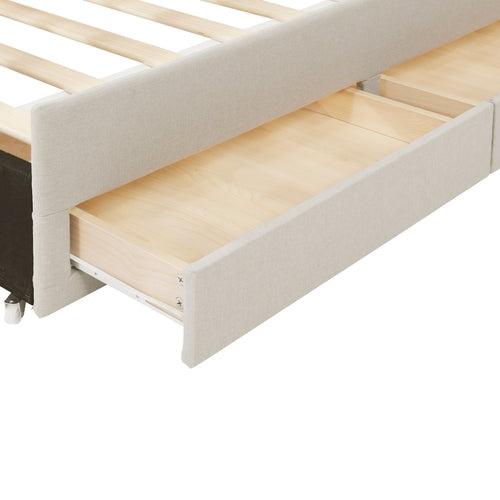 Upholstered Platform Bed with Trundle and 3 Drawers, Linen Fabric