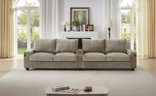 Modern 4-Seater Corduroy Sofa Couch with USB Ports, Hidden Storage and