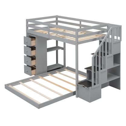 Twin Over Full Bunk Bed with 3-layer Shelves, Drawers and Storage