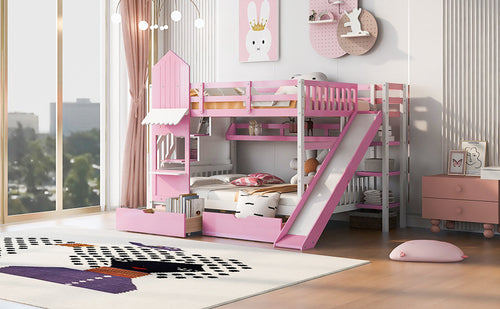 Full-Over-Full Castle Style Bunk Bed with 2 Drawers, 3 Shelves and