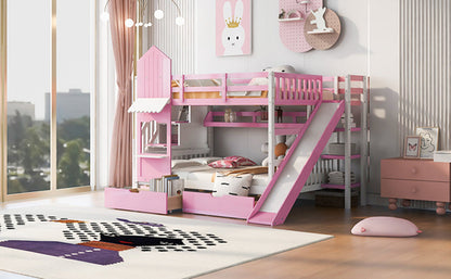 Full-Over-Full Castle Style Bunk Bed with 2 Drawers, 3 Shelves and