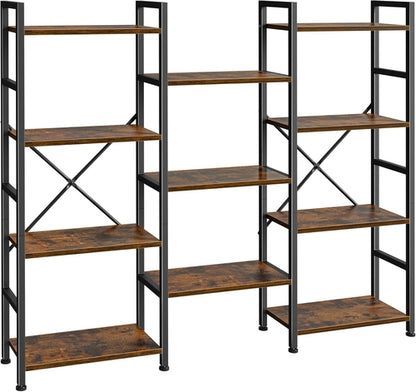 Triple 4 Tier Bookshelf, Bookcase with 11 Open Display Shelves, Wide