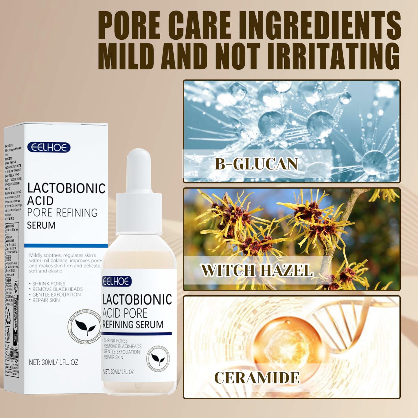 EELHOE Lactosyl Acid Pore Narrowing Essence Skin Elastic Delicate Cleansing Blackhead Skin Care Essence