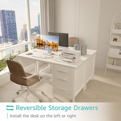 47 Inch White Computer Desk With Fabric File Drawers