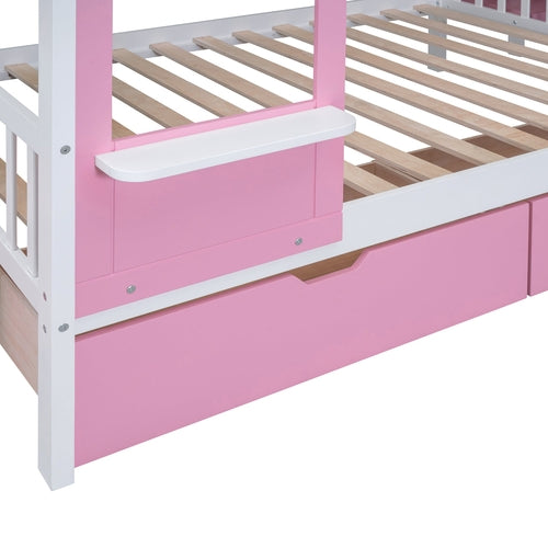 Full-Over-Full Castle Style Bunk Bed with 2 Drawers, 3 Shelves and