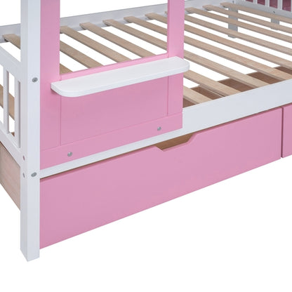 Full-Over-Full Castle Style Bunk Bed with 2 Drawers, 3 Shelves and