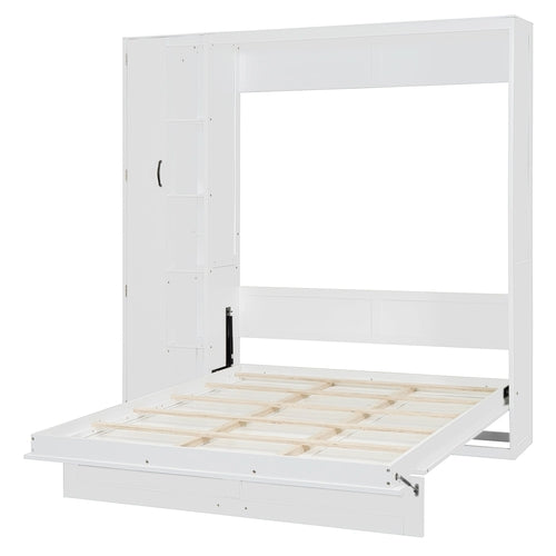 Queen Size Murphy Bed Wall Bed with Shelves, Wardrobe and LED Lights