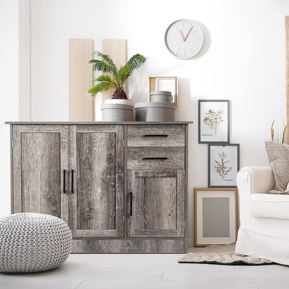 Gray Entryway Sideboard Cabinet With Drawers And Shelves