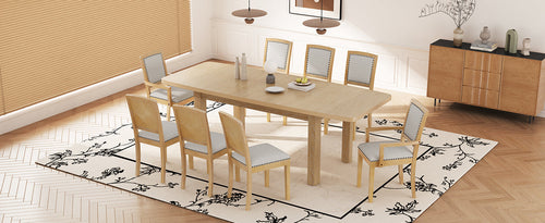 Rustic Extendable Dining Table Set with Removable Leaf, 6 Upholstered